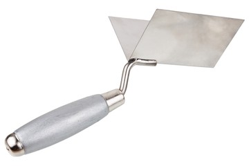 Wooden construction trowel for corners isolated on white