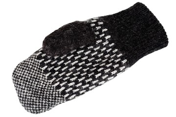 Black and white woolen mittens isolated on white
