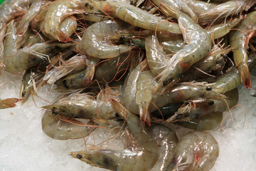 Raw prawns on ice at market