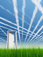 High resolution 3D white door opened in grass to the sky