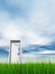 High resolution 3D white door opened in grass to the sky