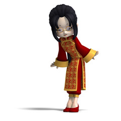 sweet cute cartoon chinagirl with glasses and red clothes. 3D re
