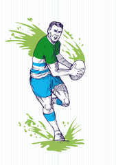 Drawing of a Rugby player running and passing ball