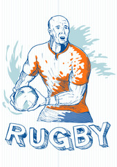 Drawing of a Rugby player running and passing ball