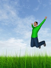 High resolution conceptual 3D human jumping happy in grass