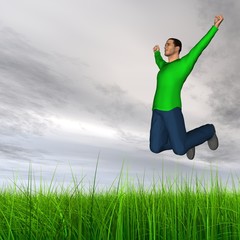 High resolution conceptual 3D human jumping happy in grass