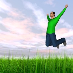 High resolution conceptual 3D human jumping happy in grass