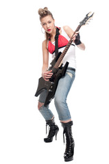 Young rock woman with electric guitar