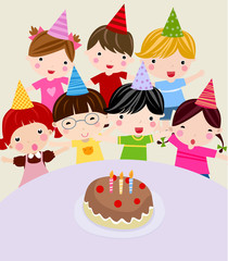 Children with a cake. Vector illustration.