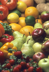 Fruits & vegetables including apples, pears, strawberries, orang