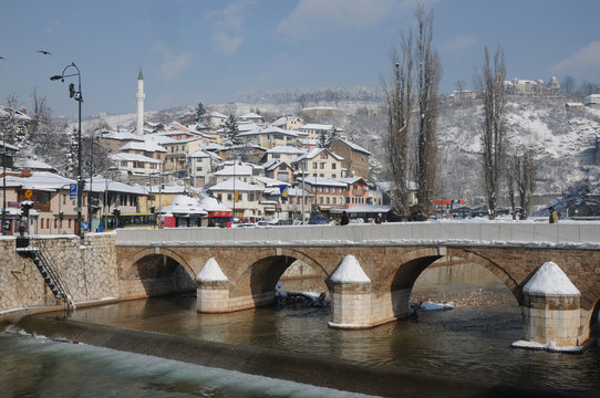 A view of Sarajevo with bridge and Miljacka river