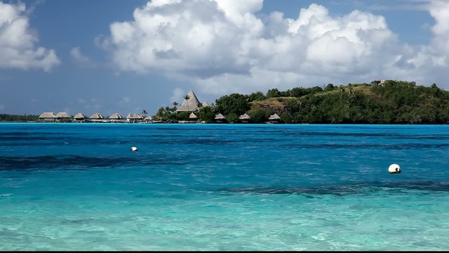 Water bungalows in the lagoon of Bora Bora. French Polynesia