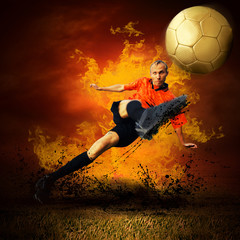 Football player in fires flame on the outdoors field