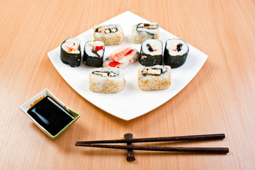 plate of sushi and chopsticks