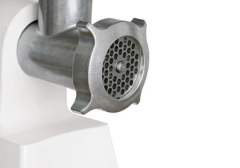 Close up electrical meat grinder on a white background