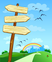 Cartelli a forma di freccia e panorama