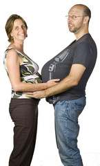 Funny portrait of expecting couple with big bellies. Isolated ov