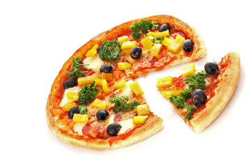 Tasty pizza with olives isolated on white