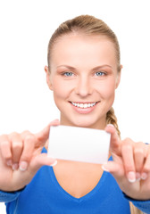 happy woman with business card