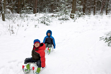 Fototapeta na wymiar two boys in a sledge