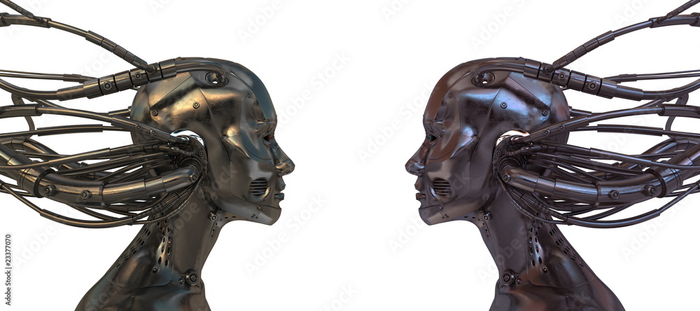 Poster two connected robots in profile isolated on white background