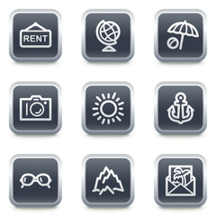 Travel web icons set 5, grey square buttons