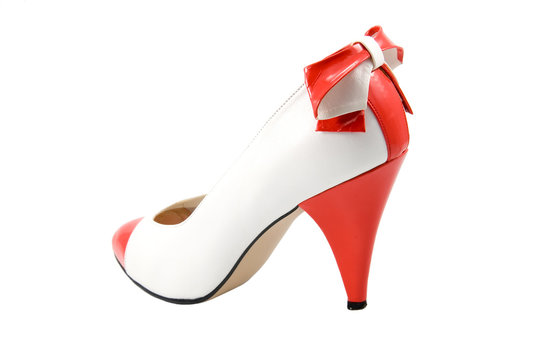 white woman shoe with red heel and bow