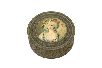 Antique metal powder box woman with hat 19th century