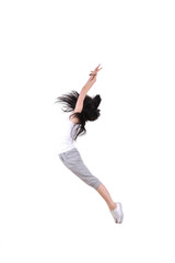 Girl jumping isolated on white background .