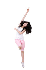Girl jumping isolated on white background .
