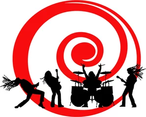 Cercles muraux Groupe de musique la silhouette des musiciens de vecteur sur le tourbillon rouge