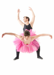 Fototapeta na wymiar Young couple dancing ballet isolated on white background.