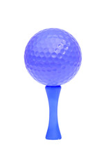 Blue golf ball and tee, isolated on pure white