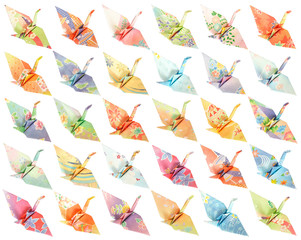 30 different paper birds isolated on a white background