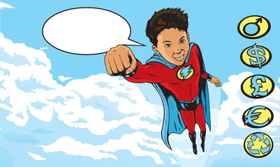 Crédence de cuisine en verre imprimé Super héros Superhero Kid volant à travers les nuages