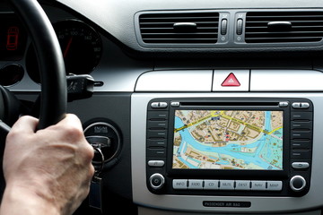 Exclusive car dashboard and gps with map - obrazy, fototapety, plakaty