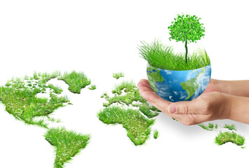 Hands holding globe. Environmental energy concept.