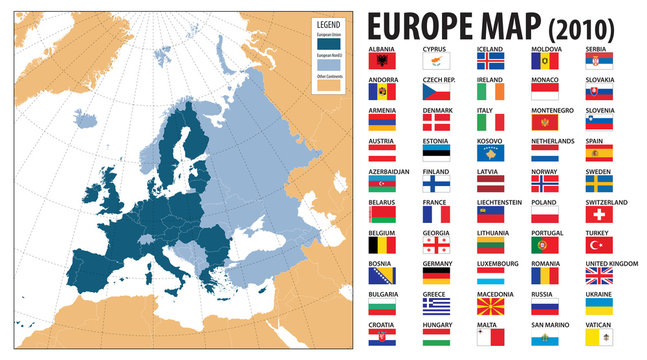 Europe map and flags, including Turkey and Kosovo