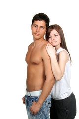 Fototapeta na wymiar Sexy young couple hug isolated on white