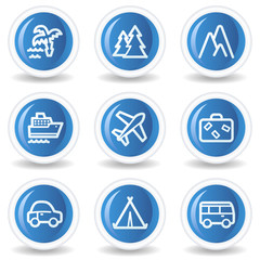 Travel web icons set 1, blue glossy circle buttons