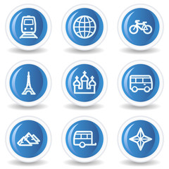 Travel web icons set 2, blue glossy circle buttons