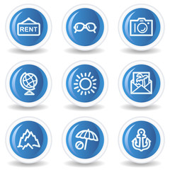 Travel web icons set 5, blue glossy circle buttons