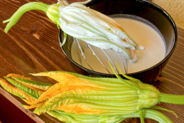 Zucchini Flower In Bowl With Batter