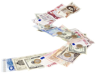 Pathway of different money currency isolated with clipping path