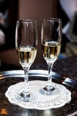 Champagne glasses on a tray
