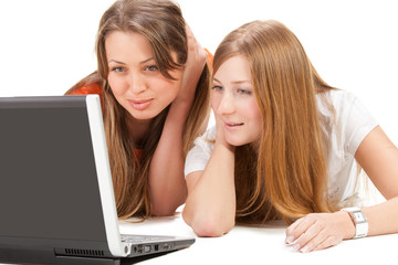 two young happy student girl work on laptop computer isolated on