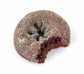 Chocolate donut that has been bitten