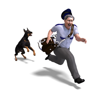 the postman runs from the dangerous dog. 3D rendering with clipp