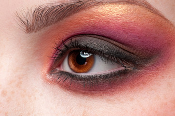 Closeup eyes make-up zone. Purple and golden colors