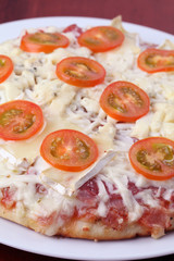 Pizza with salami, tomatoes and various kinds of cheese
